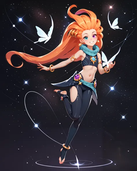 Eye heterochromia ,   girl Zoe,  длинные  Hair,  Hair , shinye black bodysuit , sexy,good body,curved,shine,posing full length,Body parts are visible, navel, attractive,  smile, mystical atmosphere ,flirting with the public,   extreme detailed, masterpiece...