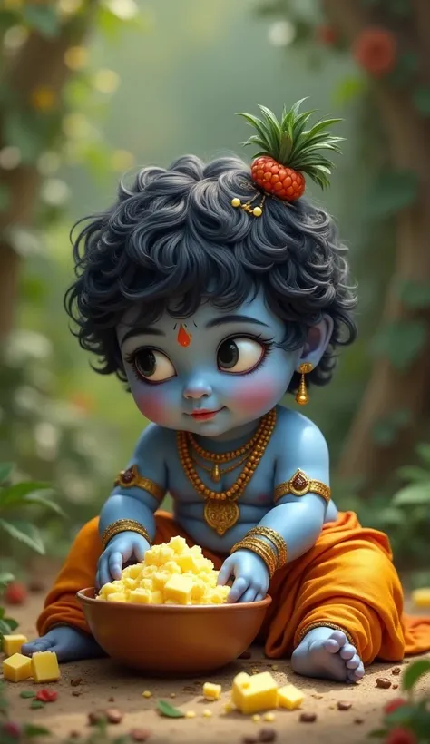 Cute little Krishna eating butter in realistic format 