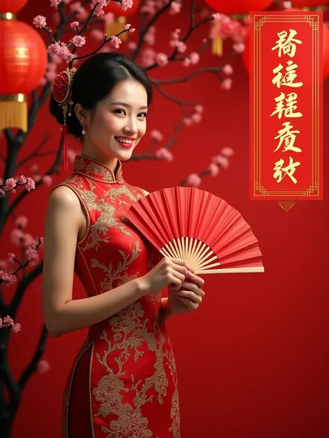 Create a realistic Chinese New Year poster, featuring an Asian woman wearing a sexy traditional red cheongsam with intricate gold embroidery. She stands in a festive atmosphere, against a backdrop of red lanterns, cherry blossoms, and gold ornaments, symbo...