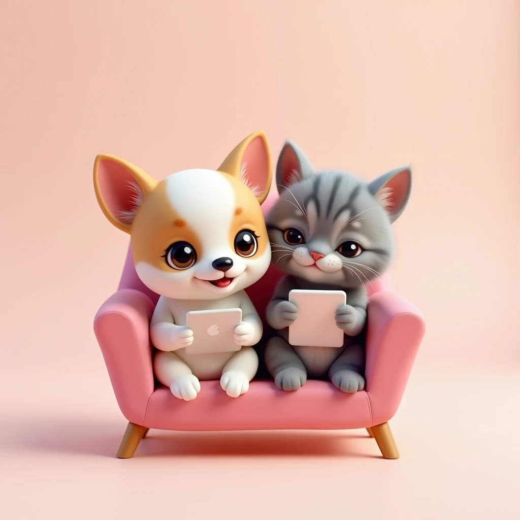 A 3D chibi-style cartoon couple featuring adorable Chihuahua and agray tabby cat. The Chihuahua has white and brown fur, big round eyes, and a cheerful expression, with a rounded, chubby body that adds to its cuteness. light background, sit on pink armchai...