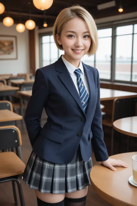 NSFW, High-resolution, ultra-realistic, photorealistic, detailed skin texture, japanese most cute girl,  restaurant , school uniform, blazer, plaid skirt, small breasts, black thighhighs,  blonde, forehead, medium pixie cut, smile, small head, small face, ...