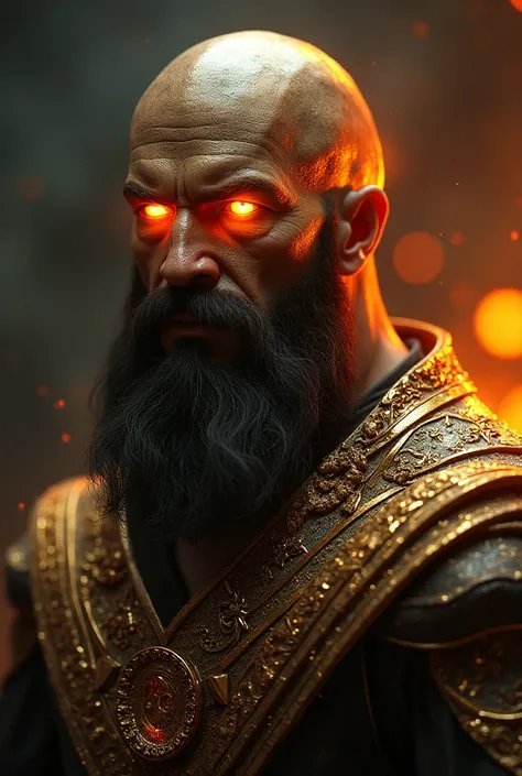 A man with beard, skin like fine brass, burned in a furnace and flaming eyes.