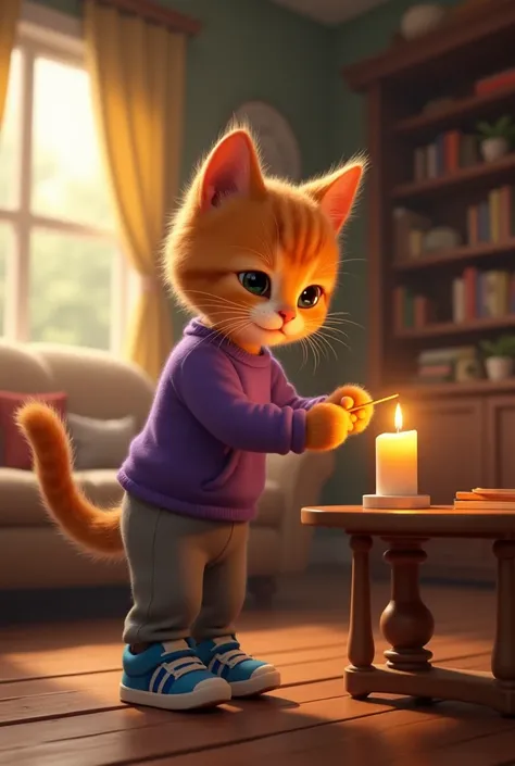 A realistic scene of an orange kitten with anthropomorphic features, dressed in a purple shirt, gray pants, and blue shoes, lighting a candle inside a cozy house. The kitten is standing on two legs, holding a matchstick with one paw while carefully lightin...