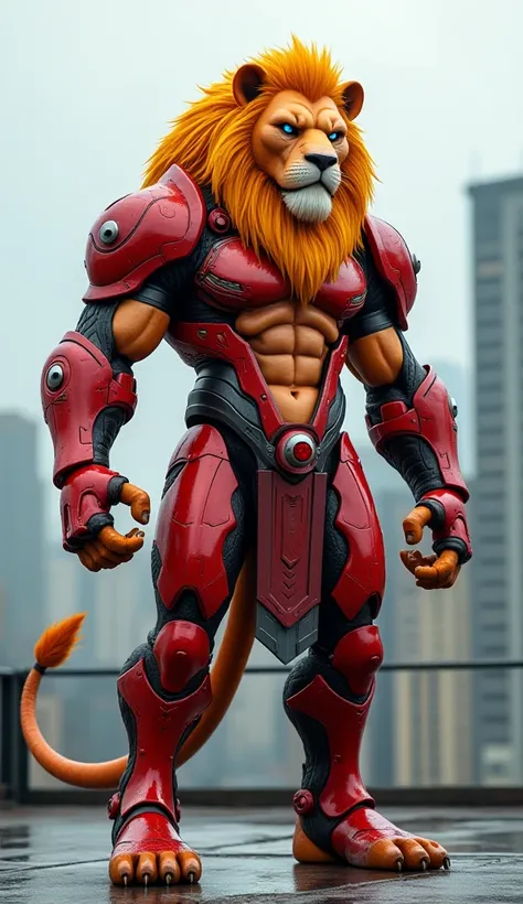 Humanoid monster like lion beast, male, adult, muscular, standing, wearing cyber and future like red armor with sleeves, armored leggings, not covered his chest, only covered arms, back, and pants with balt on, has blue eyes and yellow mane, with chest sho...