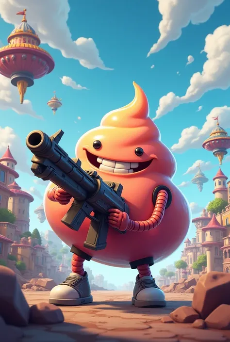 Illustration of Pudding having fun with a machine gun in the Fortnite world