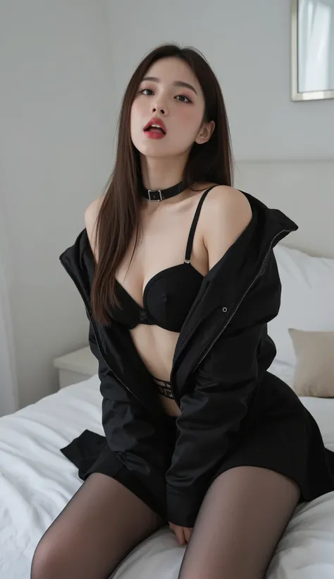 8 to.,  ultra-realistic photography, Tall sexy skinny Russian model young sexy brunette goth girl in black bra and choker, 
 extra big breasts , sticks out completely and shows his tongue,  very short black thick puffy jacket with a collar , jacket to the ...