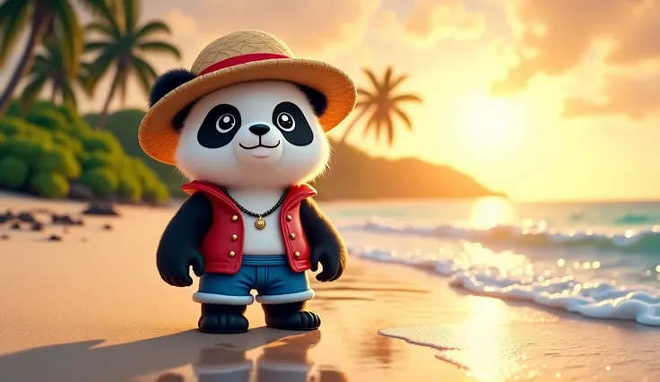 Panda lucu cosplay luffy background pantai