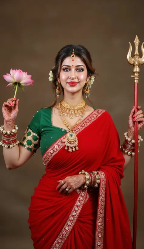 Mariamman wearing a transparent red saree cover breast full body,camera focus breast, face, green blouse, cleavage. Adorn her with Indian ornaments, jewelry such as earrings, bangles, necklaces, nose rings, septum, and a beautiful Indian Goddess crown (muk...