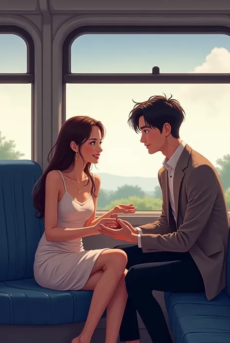 A lover having a casual conversation　anime　 illustration of a train