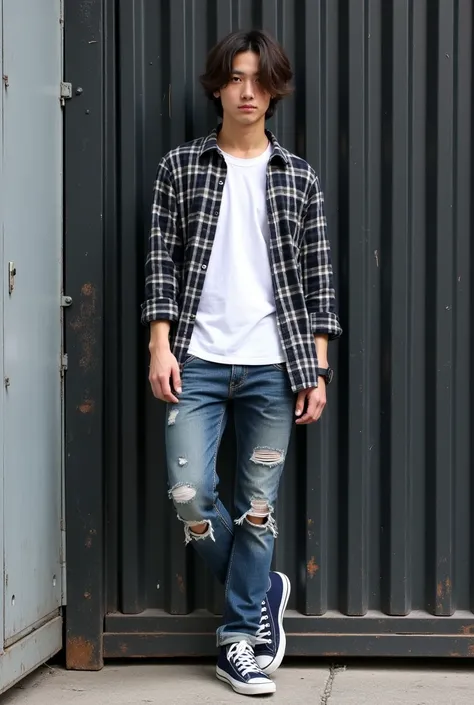 Japanese male 30 years old,  clean white , tall skinny posture , thin curls gondrong long back,  white nirvana t-shirt ,  plaid black shirt, ripped jeans  ,  in dark blue all star shoes, style rockers, was leaning against the doorpost of a large iron junk,...