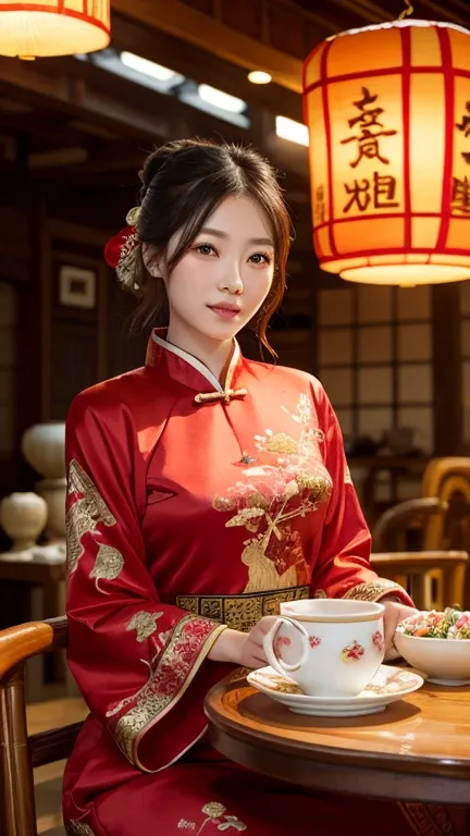 A young woman in a red Chinese dress embroidered with gold sits in a teahouse. She holds a festive decoration along with a bowl of festive sweets, a tea set, and wooden furniture. The background features intricately carved wooden panels, bamboo decorations...