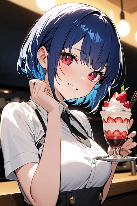 1 girl, masterpiece,  high resolution,  1 Girl, Masterpiece,  high resolution, High school student with short blue hair and striking red eyes, A blue-haired, short-haired high school girl with red eyes working as a barista in a cafe. She's wearing a white ...