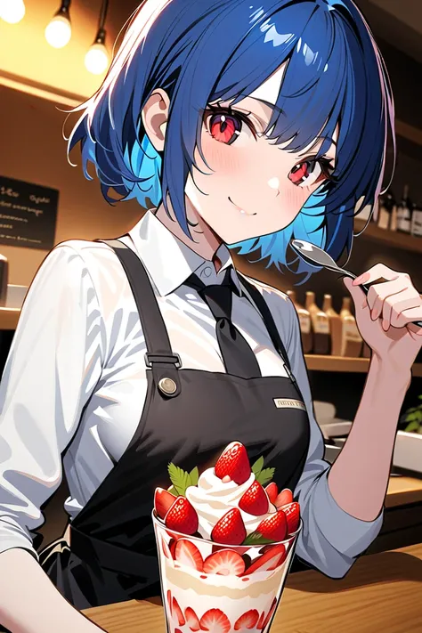 1 girl, masterpiece,  high resolution,  1 Girl, Masterpiece,  high resolution, High school student with short blue hair and striking red eyes, A blue-haired, short-haired high school girl with red eyes working as a barista in a cafe. She's wearing a white ...