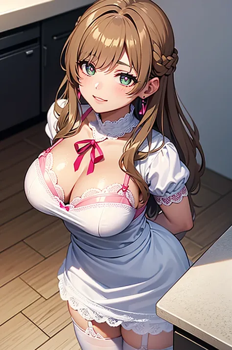 A beautiful Caucasian girl posing for the photo in the kitchen, anime girl, 1 girl, (20 years old girl), (aged up), light brown skin, brown hair, french braid, hair behind ear, long hair, wavy hair, shiny hair, hair flaps, hair ribbon, heard choker, hair b...