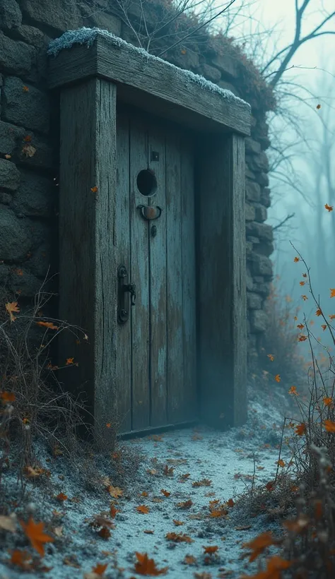 A creaking wooden door slightly ajar with a gust of icy wind blowing out, scattering leaves and dust.