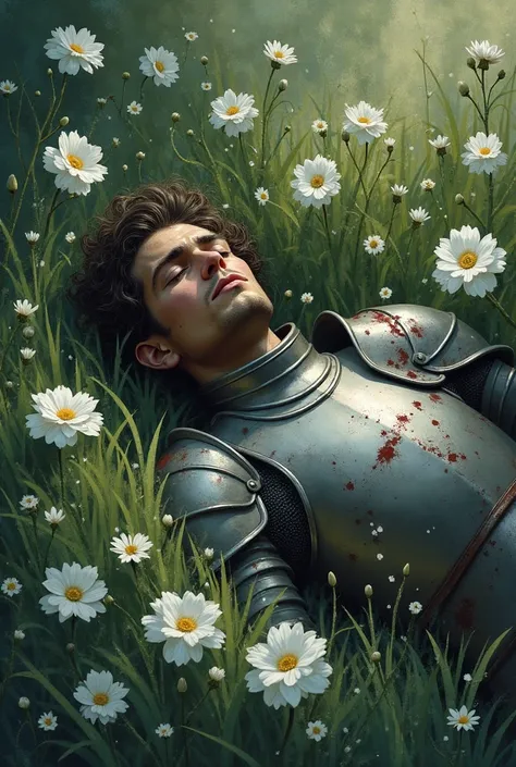 The knight who was shot lying in a garden full of white flowers, giving life.