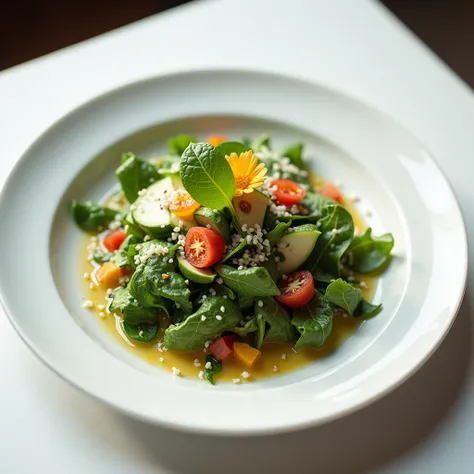 A simple bound 
salad with dressing with something that symbolize or presenting salad
