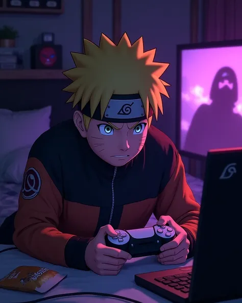 Fait moi Naruto qui joue a la PlayStation 5 dans sa chambre entrain de manger des pépito fond violet terrifiant