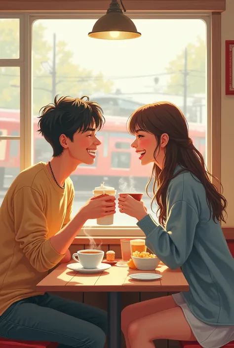 Lovers who have fun conversations　breakfast　anime　 illustration of a train