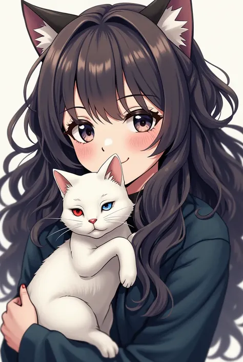 anime - style drawing of a woman with long hair and a cat, an anime drawing inspired by Okumura Masanobu, tumblr, vanitas, digital art from danganronpa, high quality fanart, in the art style of bowater, in style of cytus and deemo, with haunted eyes and cu...