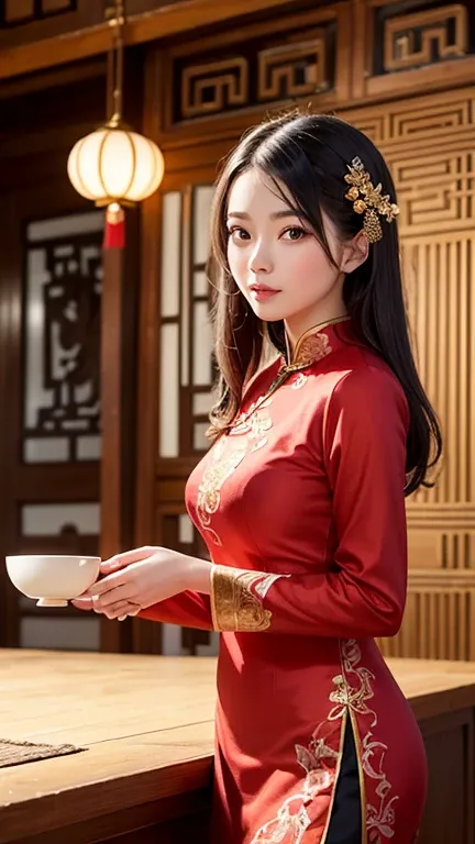 A young woman in a red Chinese dress embroidered with gold sits in a teahouse. She holds a festive decoration along with a bowl of festive sweets, a tea set, and wooden furniture. The background features intricately carved wooden panels, bamboo decorations...