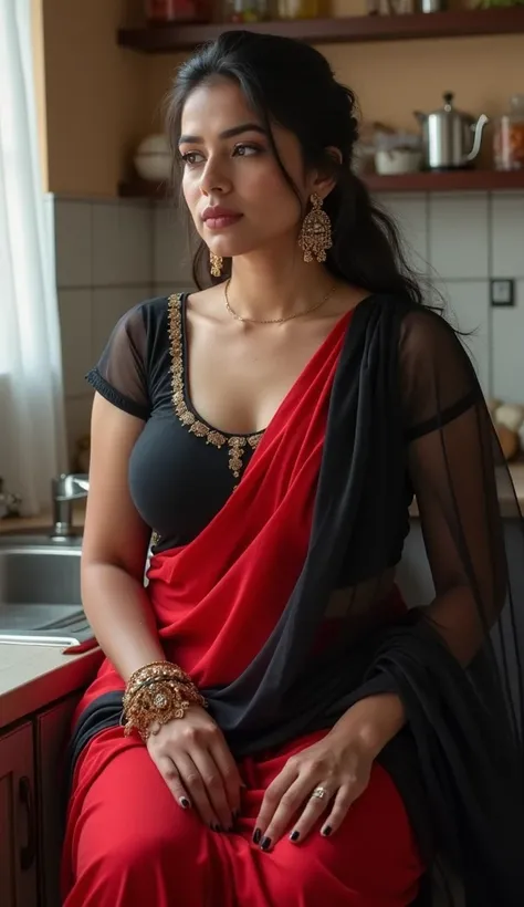 A realistic professional photographer by photo of a white skin fair Indian busty milf plump women is wearing transparent black and red mix colour saaree and low cut blouse,boobs exposed, sits on kitchen shelf,Large breasts, Breasts, Earrings, Masterpiece, ...