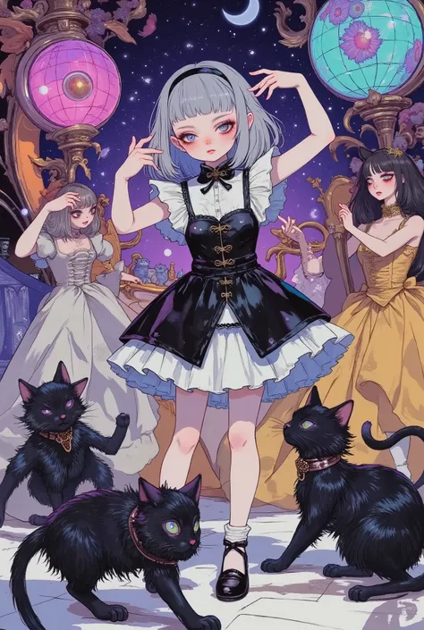 (masterpiece, perfect detail), ( 1girl , doll body, ball jointed doll, ball jointed, anatomy correct, Silver short bob, with bangs and eyes hidden , Purple Lips, Sleeveless gothic dress composed of black and white, Frills folded over and over, frill hea...