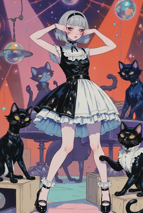 (masterpiece, perfect detail), ( 1girl , doll body, ball jointed doll, ball jointed, anatomy correct, Silver short bob, with bangs and eyes hidden , Purple Lips, Sleeveless gothic dress composed of black and white, Frills folded over and over, frill hea...