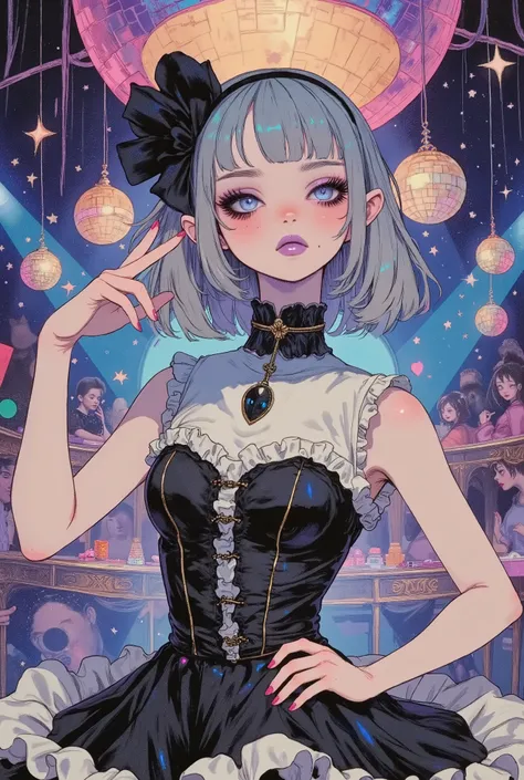 (masterpiece, perfect detail), ( 1girl , doll body, ball jointed doll, ball jointed, anatomy correct, Silver short bob, with bangs and eyes hidden , Purple Lips, Sleeveless gothic dress composed of black and white, Frills folded over and over, frill hea...