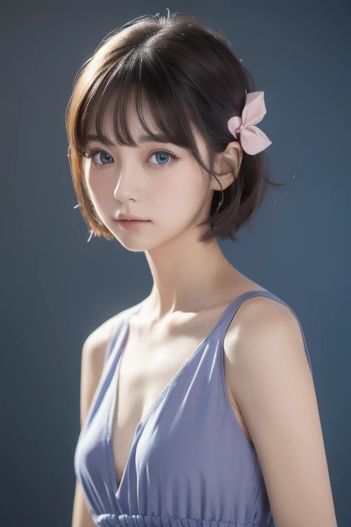 Masterpiece,  best quality ,  high resolution, short hair, blue eyes,  1 girl, Alone, Blue Ribbon,  eyelash ,  neck ribbon, Sleeveless, bangs, clavicle, Bare arms,   Pink Dress  , Red coat, white background, Front , No view,  are staring at the viewer, upp...