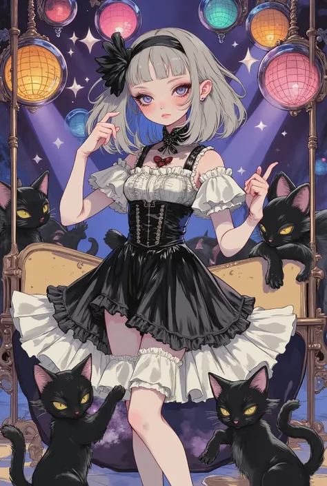(masterpiece, perfect detail), ( 1girl , doll body, ball jointed doll, ball jointed, anatomy correct, Silver short bob, with bangs and eyes hidden , Purple Lips, Sleeveless gothic dress composed of black and white, Frills folded over and over, frill hea...