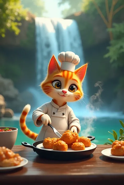 Draw an animation of a cat cooking steaming fried chicken in a clear waterfall
