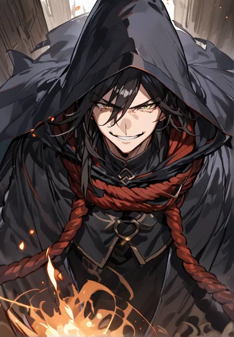 A male warlock, using black magic, wearing black mage rope, black long hair, smirk face