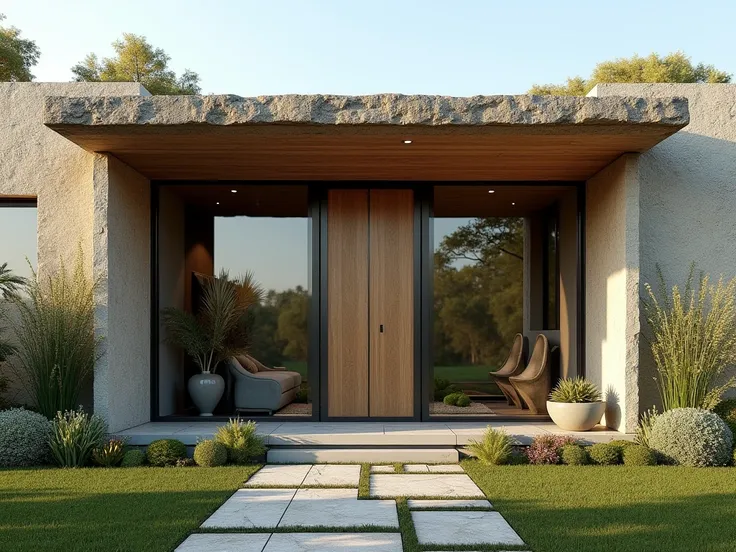 A façade seen from the front of a house with a glass door well centered in the middle. Stone Window Sill, side windows, Mixes rustic and futuristic design (Really crazy thing , Something that doesn't exist:  at the same time it is rustic and at the same ti...