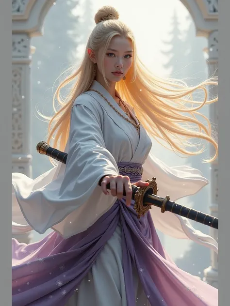 Blonde Asian woman,fiery blue eye, eyes on fire, white, violet,pink,blue Asian clothes,warrior, Asian sword made of ice and snow