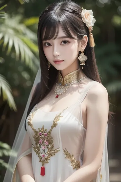  1 girl, length_hair,  portrait ,  upper body, china transparent silk  dress,  dress, hair ornament,  necklace,   jewelry, length hair,  earrings, Chinese clothes