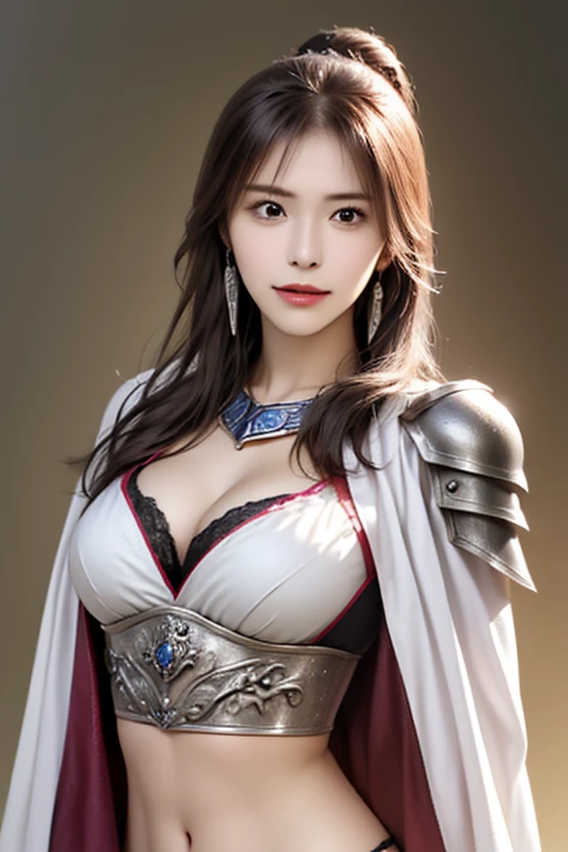 ((The upper body of a female warrior wearing silver and white light steel armor and a cloak:1.5)),1 person,  black hair,  belly shortcut   ,Big breasts and cleavage,  high-definition face and skin texture  ,  staring at the camera,   Chinese Warrior:1.2,  ...