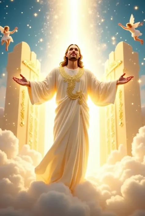 " A divine figure representing God ,  with a majestic and welcoming presence ,  with open arms ,  surrounded by a golden and white heavenly light .  He is standing on a brilliant cloud ,  with soft details of rays of light emanating around you ,  illuminat...