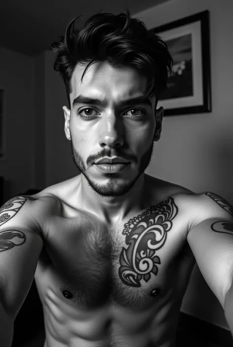 there is a man with a tattoo on his chest taking a selfie, a black and white photo by Ric Estrada, instagram, realism, taken in the early 2020s, gay, with tattoos, profile image, 📷 mungojerrie and rumpleteazer, profile pic, frontal picture, # nofilter, 🔞🤡,...