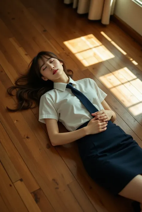 Sexy beautiful Japanese woman, a self defense officer uniform, wearing a white short-sleeves shirts, navy blue tie, navy blue pencil skirt, Black patent high heels, beautiful hip-line, Beautiful thighs, beautiful legs, The woman is exhausted and asleep on ...