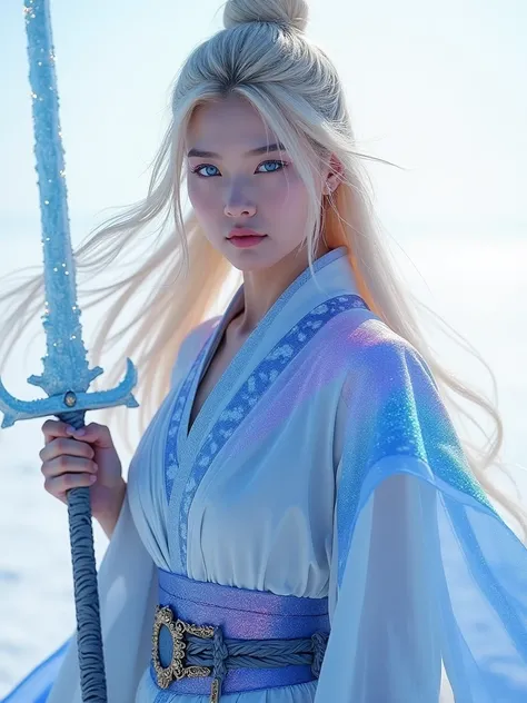 Blonde Asian woman,fiery blue eye, eyes on fire, white, violet,pink,blue Asian clothes,warrior, Asian sword made of ice and snow