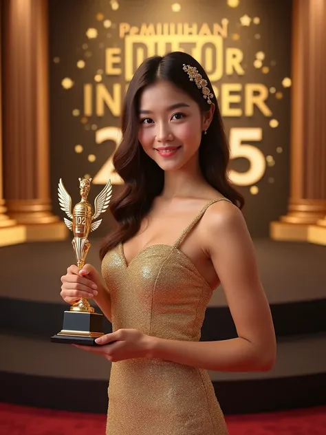 A very beautiful Asian girl poses in a glamorous setting, wearing a sparkling golden dress with thin straps. Her hair is wavy, shoulder-length, decorated with decorative hairpins. Her hand is holding a trophy decorated with gadgets and wings made of gold a...