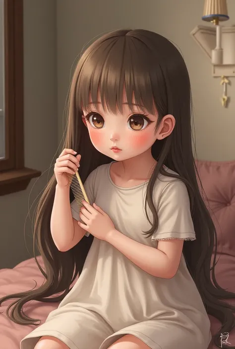 Small girl combing hair 