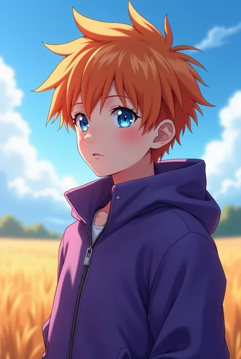 a close up of a person wearing a purple jacket standing in a field,  Anime boy, orange - haired  Anime boy, young anime,  tall anime man with blue eyes ,  work of art in the style of Guweiz, Made with Anime Painter Studio ,  soft anime cg art ,  in the ani...