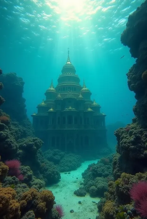 An enchanting underwater view of Dwarka, now submerged but still intact. The golden city rests quietly at the seabed, surrounded by coral reefs, vibrant marine life, and shimmering light filtering through the ocean water. Krishna’s grand palace stands out,...