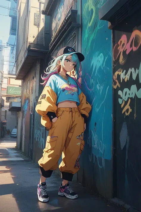  a pretty girl with an anime style and a love of hip hop。 with flowing hair framing her face。 a cropped hoodie with graffiti print、 wearing loose cargo pants、 wear high-top sneakers 。Gold hoop earrings、 Chain Necklaces 、 wearing a stylish cap turned backwa...