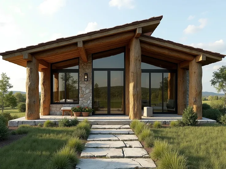 A façade seen from the front of a house with a glass door well centered in the middle. Stone Window Sill, side windows, Mixes rustic and futuristic design (Really crazy thing , Something that doesn't exist: at the same time it's rustic and at the same time...