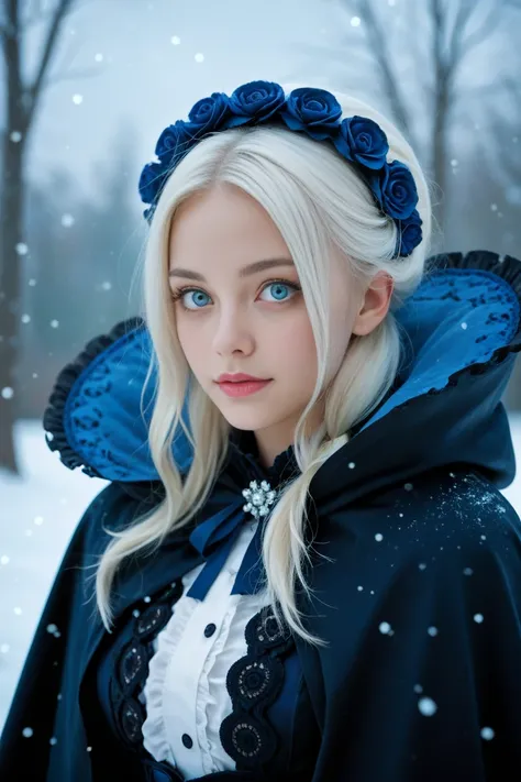 Photorealistic, high resolution, 1 Women, Solo, (Lolita costume)，Gorgeous costumes，Face the audience，The upper part of the body，upper legs， beautidful eyes, White hair, ringed eyes, (outside，Heavy snowfall，Cloak，Cover with snow)，snowfield，Blue eyes，Illustr...