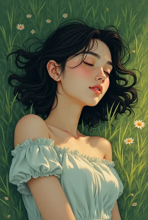 an illustration showing a girl half on her side lying on grass,  face up, letting her hair fall , with a medium-dark style
