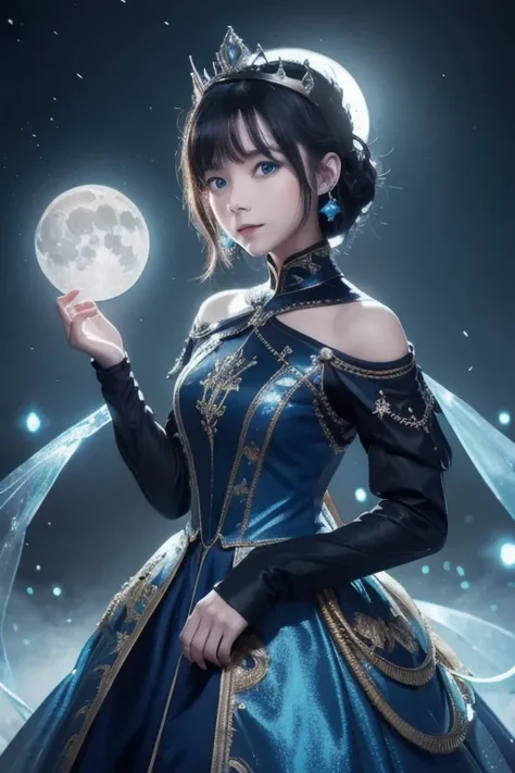   knight , (( 1 girl)), Alone, Masterpiece, 8k wallpaper,  high resolution,   Dumb , High quality backgrounds,  short hair while on a business trip,  black hair, Multicolored Hair, Beautiful frozen village, (Bright full moon),  Blue Dress,  detailed dress ...